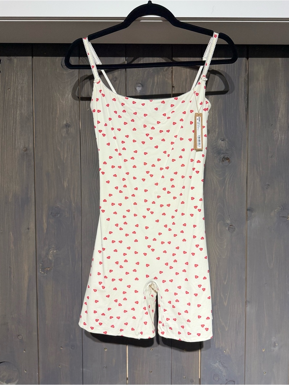 Cream Romper with Red Heart Print Spaghetti Straps